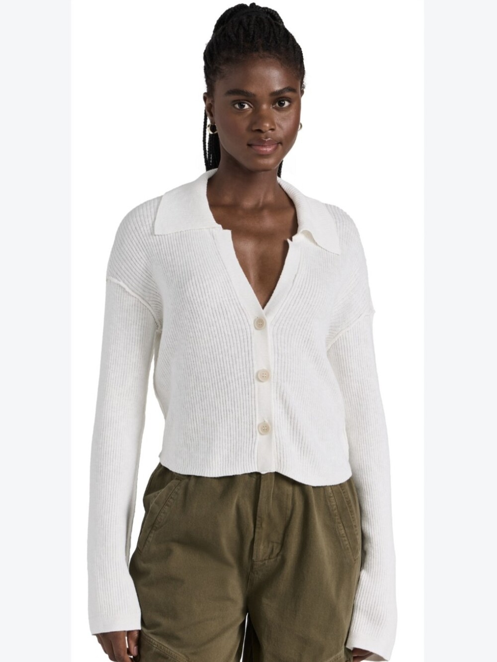 Free People Ella white ribbed knit cardigan with button-up front and collar SM
